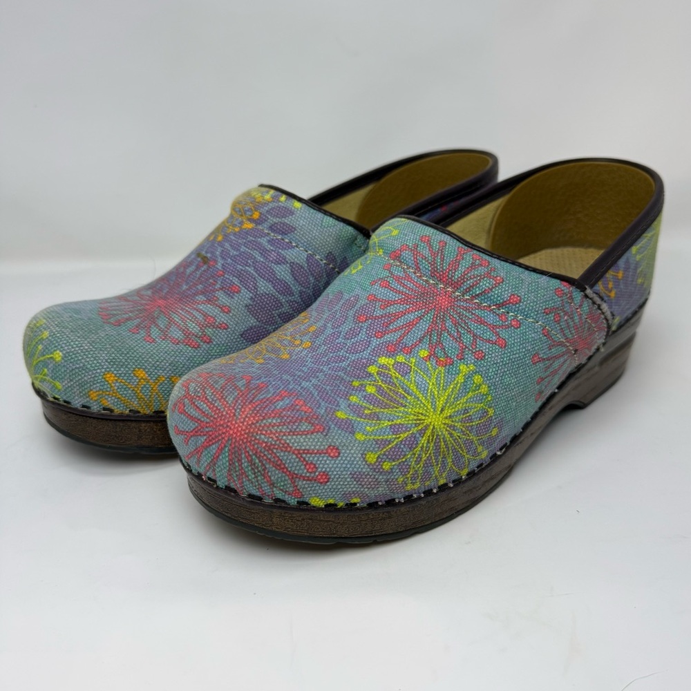 Dansko Vegan Pro Fabric Starburst Blue Floral Mules Clogs Size 38 US 7.5-8